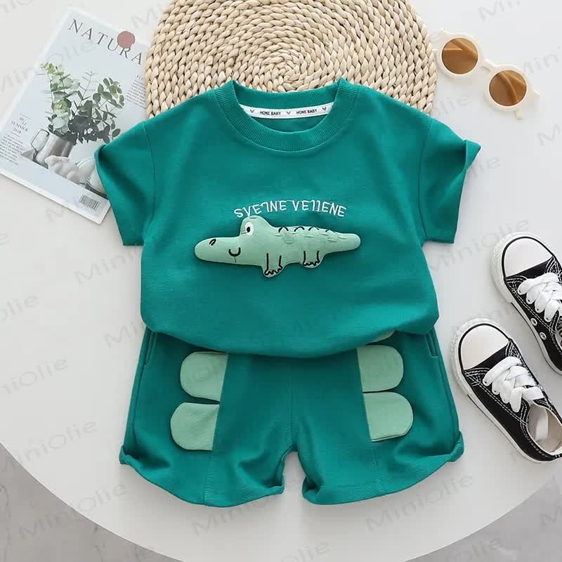 幼児用 3D クロコダイル アップリケ Tシャツ＆ショートパンツ 2点セット - 緑 - 6～7歳 - image 2