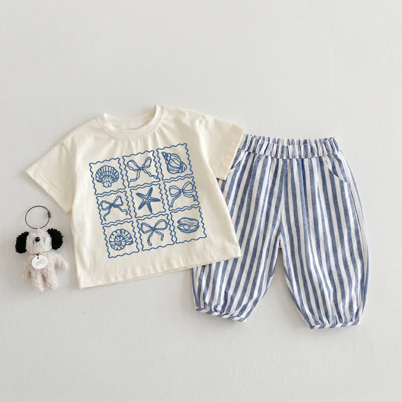 ベビー・幼児用 シェル＆ボウ グリッド ベージュ＆ブルー 縦ストライプ 2点セット - ベージュ＆ブルー - 3～4歳 - image 1
