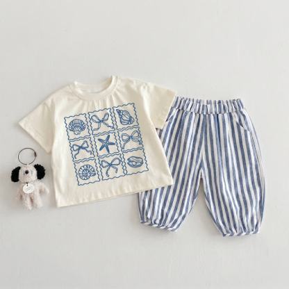 ベビー・幼児用 シェル＆ボウ グリッド ベージュ＆ブルー 縦ストライプ 2点セット - ベージュ＆ブルー - 3～4歳 - image 1