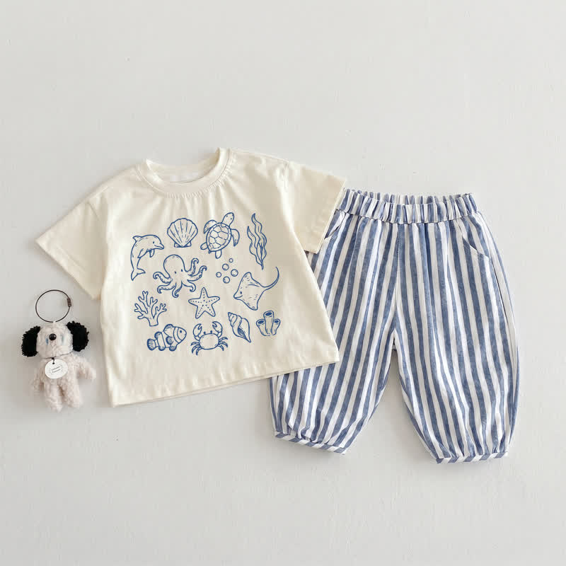 ベビー・幼児用 海洋動物柄 ベージュ＆ブルー 縦縞 2点セット - ベージュ＆ブルー - 3～4歳 - image 1