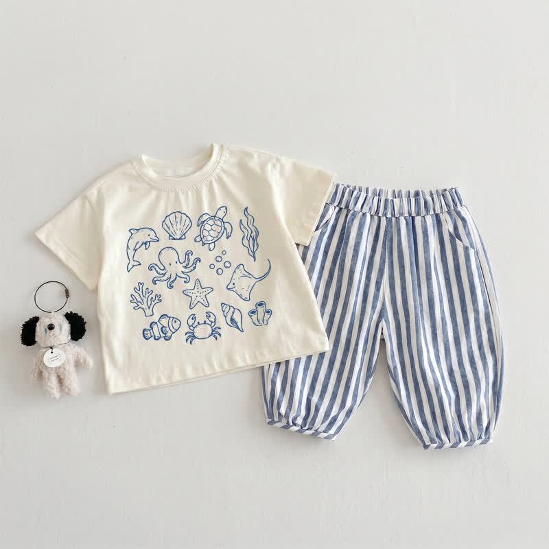 ベビー・幼児用 海洋動物柄 ベージュ＆ブルー 縦縞 2点セット - ベージュ＆ブルー - 3～4歳 - image 1