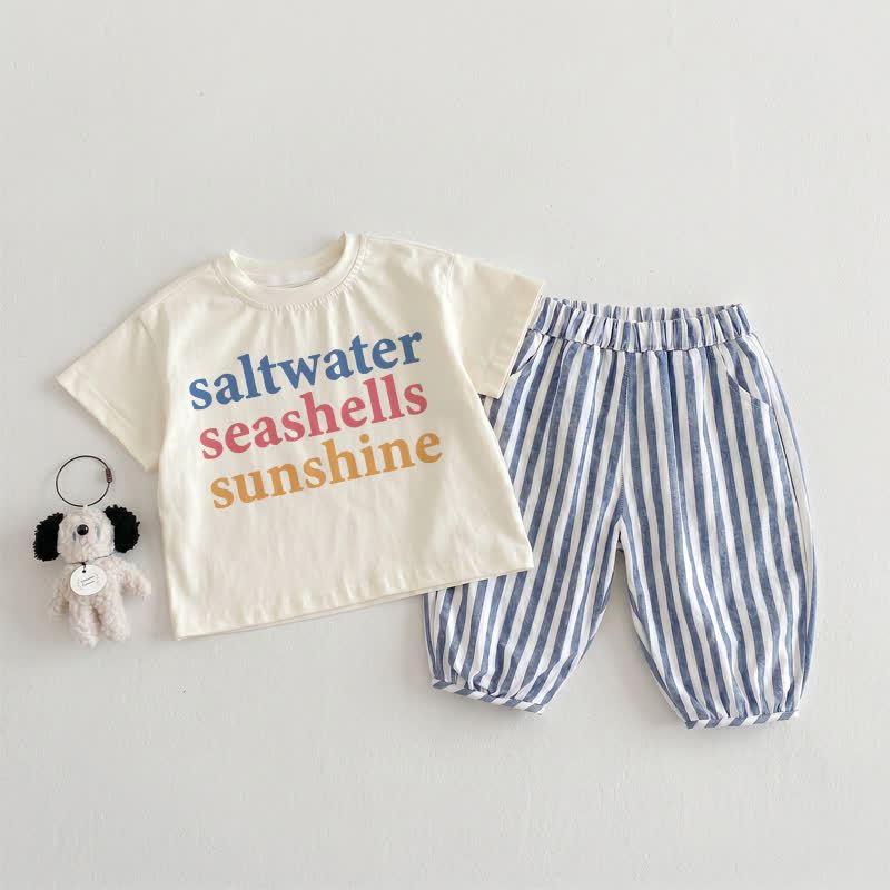 SALTWATER SEESHELLS SUNSHINE幼児用ベージュ＆ブルー縦ストライプ2点セット - ベージュ＆ブルー - 3～4歳 - image 1