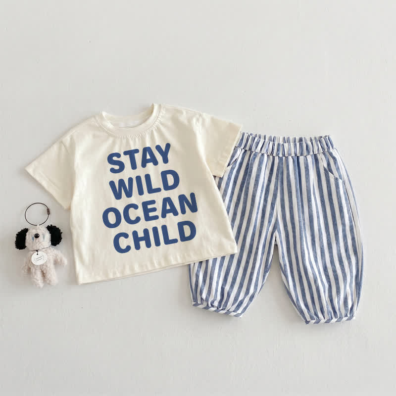 STAY WILD OCEAN CHILDベビー・幼児用 ベージュ＆ブルー 縦ストライプ 2点セット - ベージュ＆ブルー - 3～4歳 - image 1