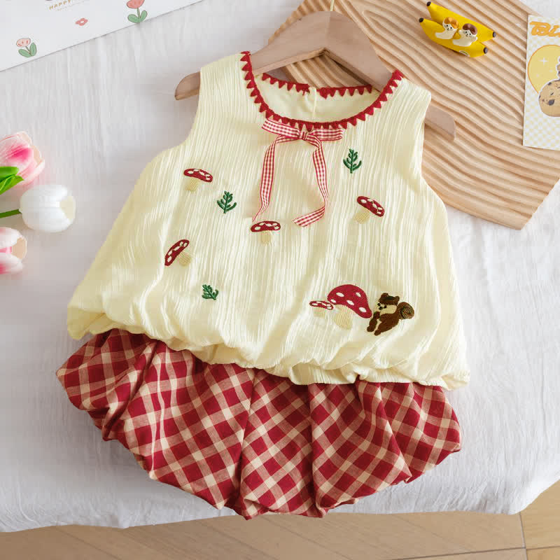 幼児用女の子向けキノコ刺繍入りノースリーブトップス＆ショートパンツ 2点セット - 白 - 6～7歳 - image 1