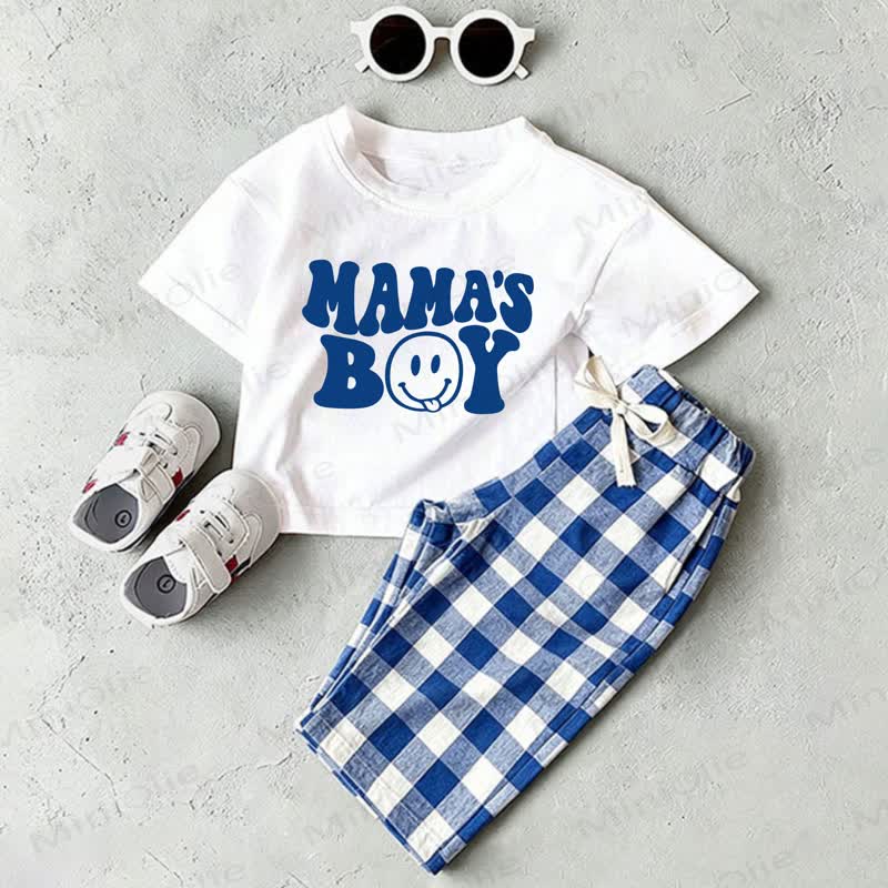 MAMA'S BOYベビー用ホワイトTシャツとブルーチェックパンツのツーピースセット - ホワイト＆ブルー - 2～3歳 - image 1