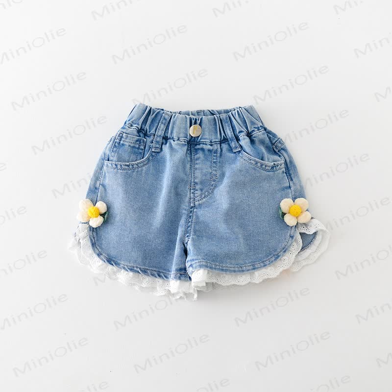 幼児用女の子レースフラワーデニムショートパンツ - レースフラワー - 8-9T - image 3