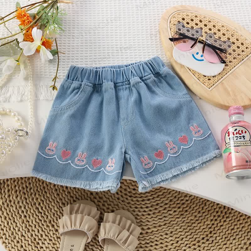 幼児用女の子レースフラワーデニムショートパンツ - バニー - 8-9T - image 1
