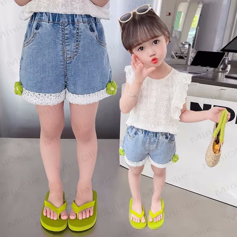 幼児用女の子レースフラワーデニムショートパンツ - 緑の花 - 8-9T - image 6
