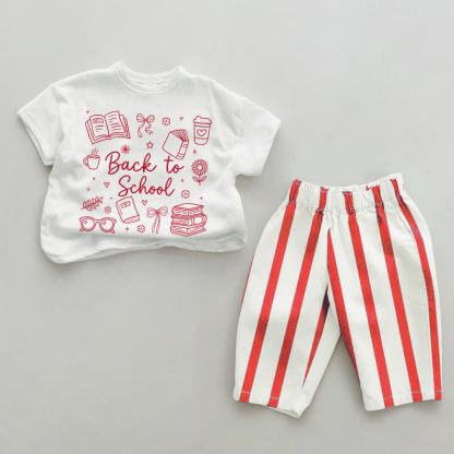 BACK TO SCHOOL！ベビー・幼児用 レッド縦ストライプ柄 2点セット - 白と赤 - 4～5歳 - image 1