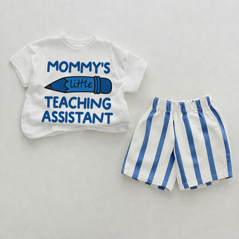 MOMMY'S LITTLE TEACHING ASSISTANT用 白と青のTシャツとストライプのショートパンツ 2点セット - ホワイト＆ブルー - 2～3歳 - image 1