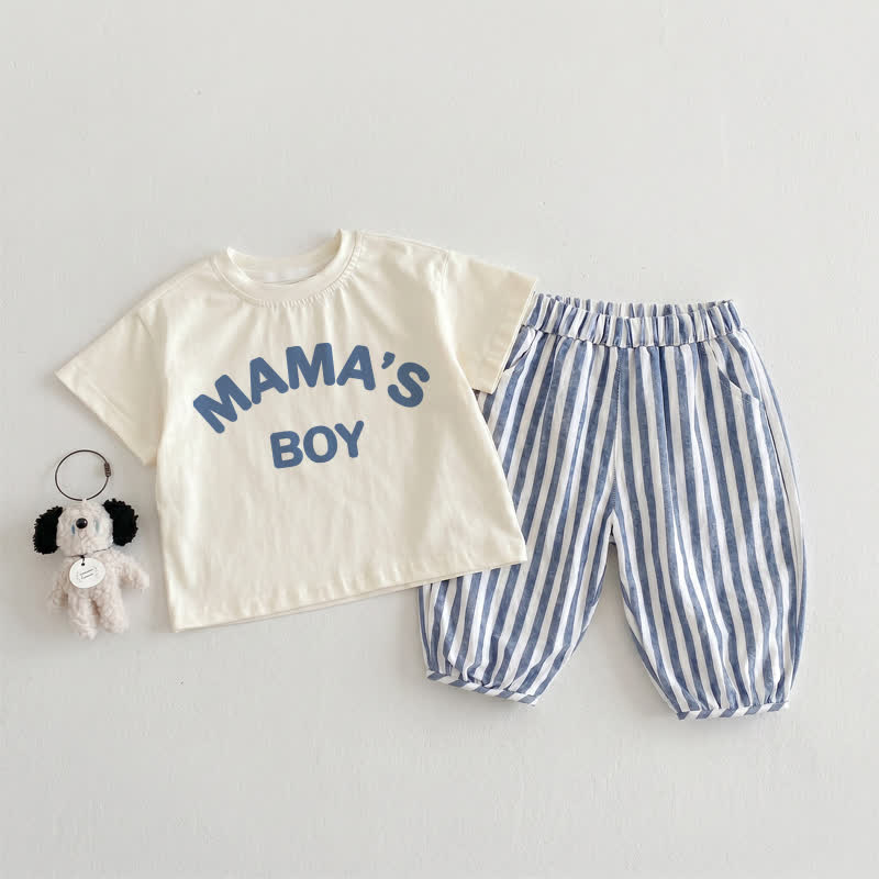 MAMA'S BOYベビー・幼児用 ベージュ＆ブルー 縦ストライプ 2点セット - ベージュ＆ブルー - 3～4歳 - image 1