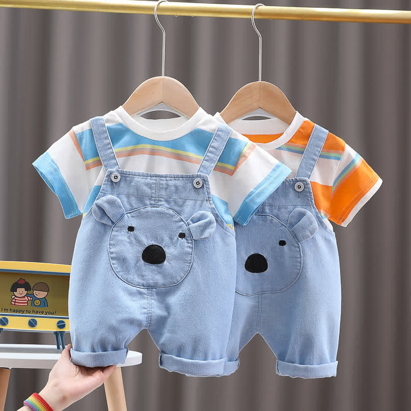 ベビー幼児用クマ柄ストライプTシャツ＆オーバーオール2点セット - image 1