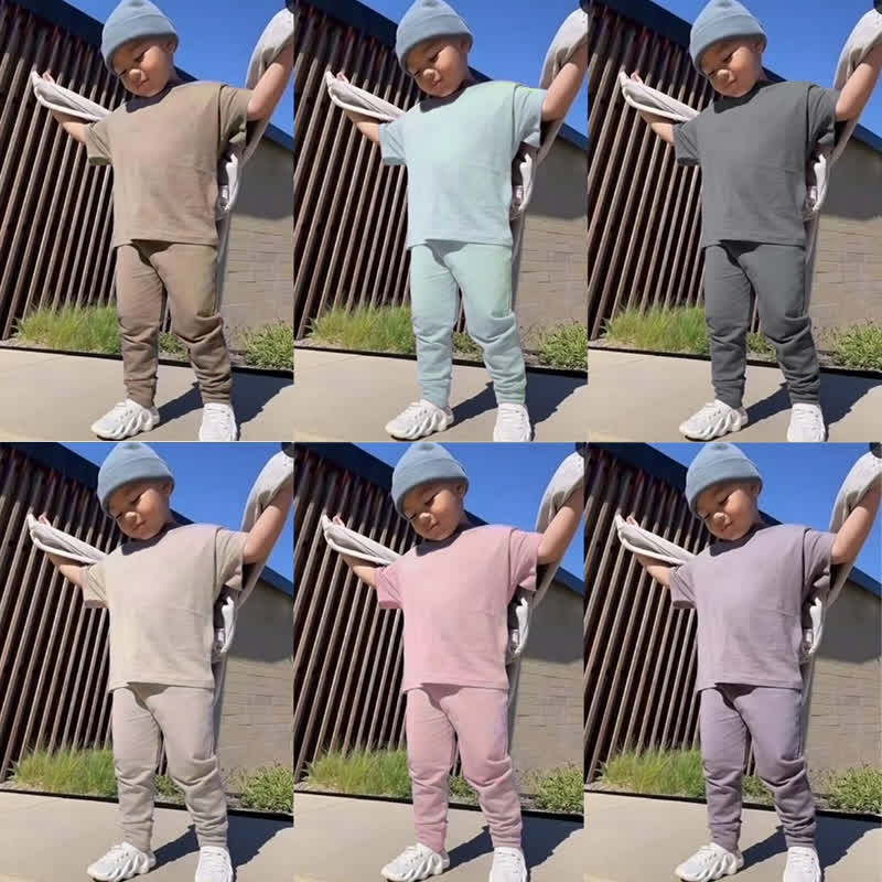 幼児用無地ニットトップス＆パンツ2点セットパジャマ - image 1