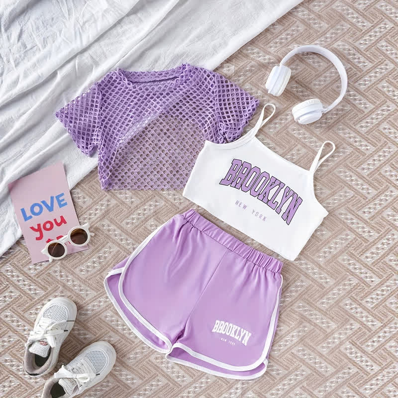 BROOKLYN NEW YORK幼児用女の子トップス＆ショートパンツ 3点セット - 紫 - 9～10歳 - image 5