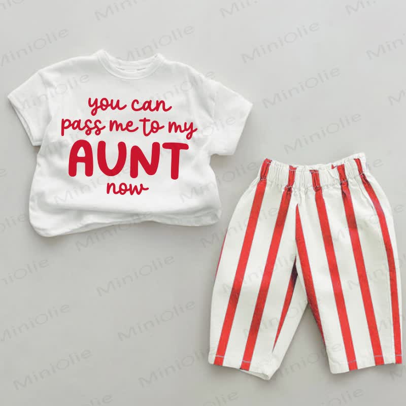 「YOU CAN PASS ME TO MY AUNT NOW」ベビー用スローガン入り赤ストライプ柄ツーピースセット - 白と赤 - 4～5歳 - image 1