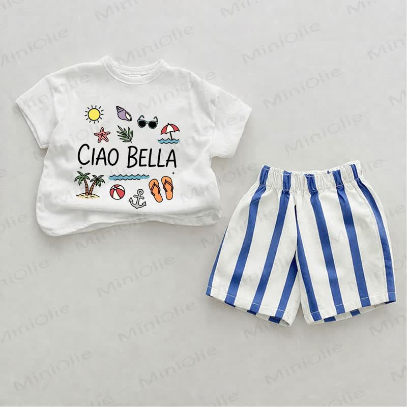 CIAO BELLAベビーブルー 縦ストライプ ツーピース ショートパンツセット - ホワイト＆ブルー - 2～3歳 - image 1