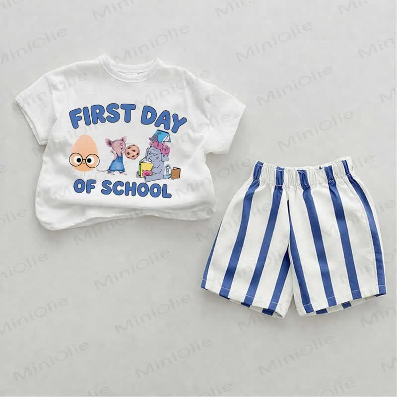 FIRST DAY OF SCHOOL　ベビーブルーの縦ストライプ柄ツーピースショートパンツセット - ホワイト＆ブルー - 2～3歳 - image 1