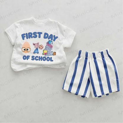 FIRST DAY OF SCHOOL　ベビーブルーの縦ストライプ柄ツーピースショートパンツセット - ホワイト＆ブルー - 2～3歳 - image 1