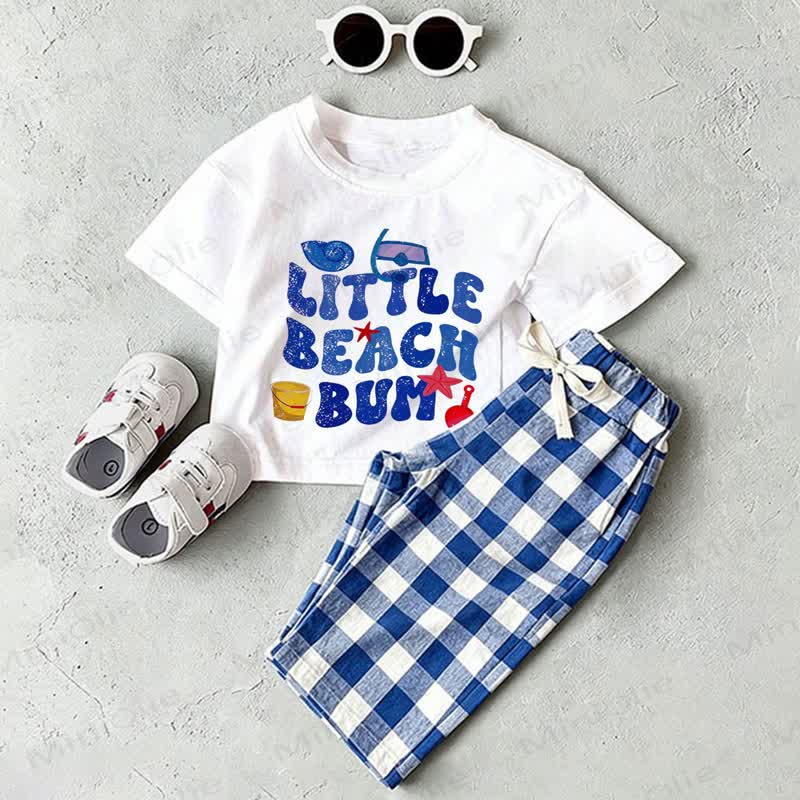 LITTLE BEACH BUM用ホワイトTシャツとブルーチェックパンツのツーピースセット - ホワイト＆ブルー - 2～3歳 - image 1