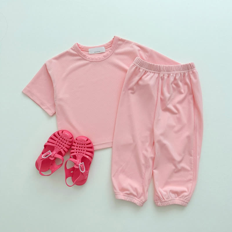 幼児用ベビー無地Tシャツ＆パンツ2点セットパジャマ - ピンク - 6～7歳 - image 2
