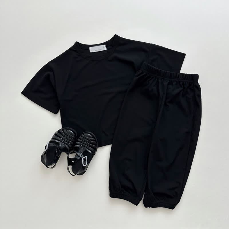 幼児用ベビー無地Tシャツ＆パンツ2点セットパジャマ - 黒 - 6～7歳 - image 3