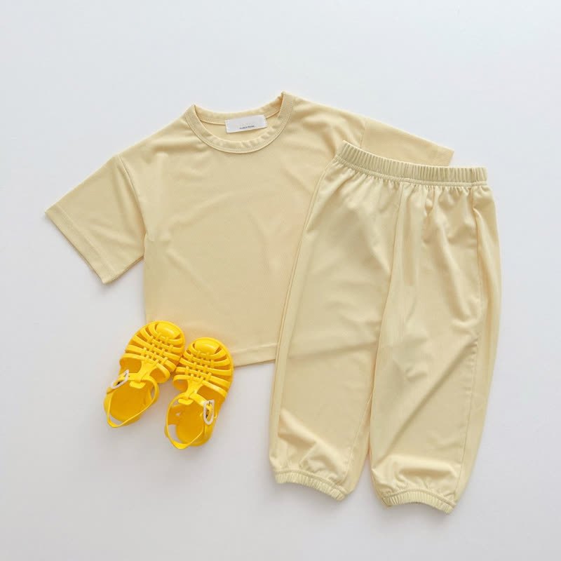幼児用ベビー無地Tシャツ＆パンツ2点セットパジャマ - ベージュ - 6～7歳 - image 5