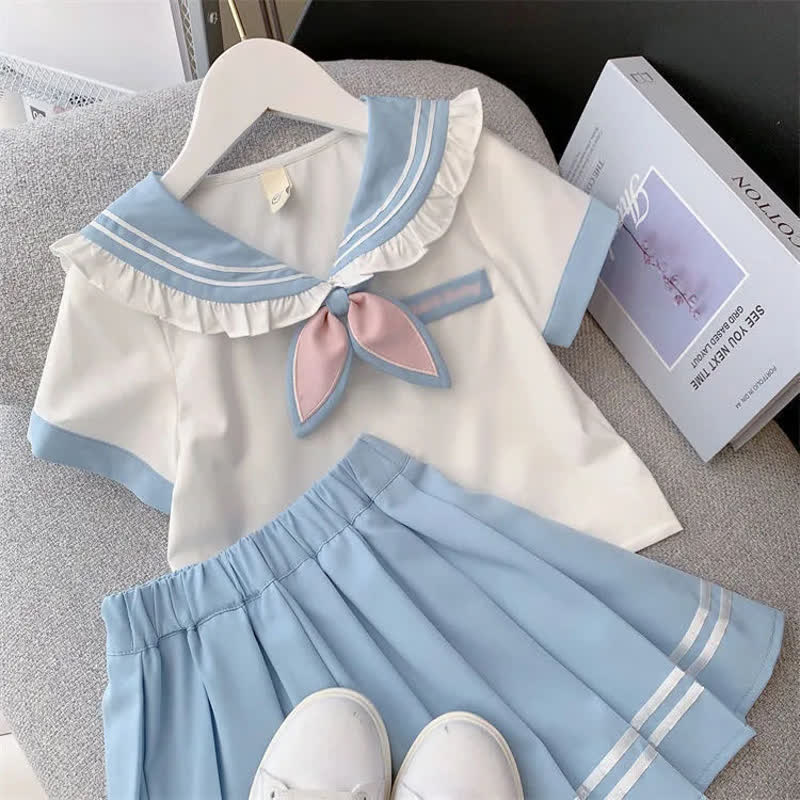 幼児・キッズ 女の子用 セーラー風フリル襟Tシャツ＆スカート 2点セット - 青 - 10-11歳 - image 1