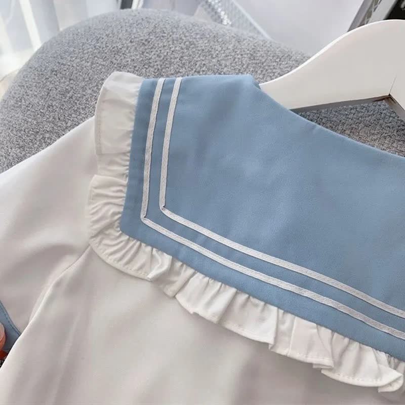 幼児・キッズ 女の子用 セーラー風フリル襟Tシャツ＆スカート 2点セット - image 4