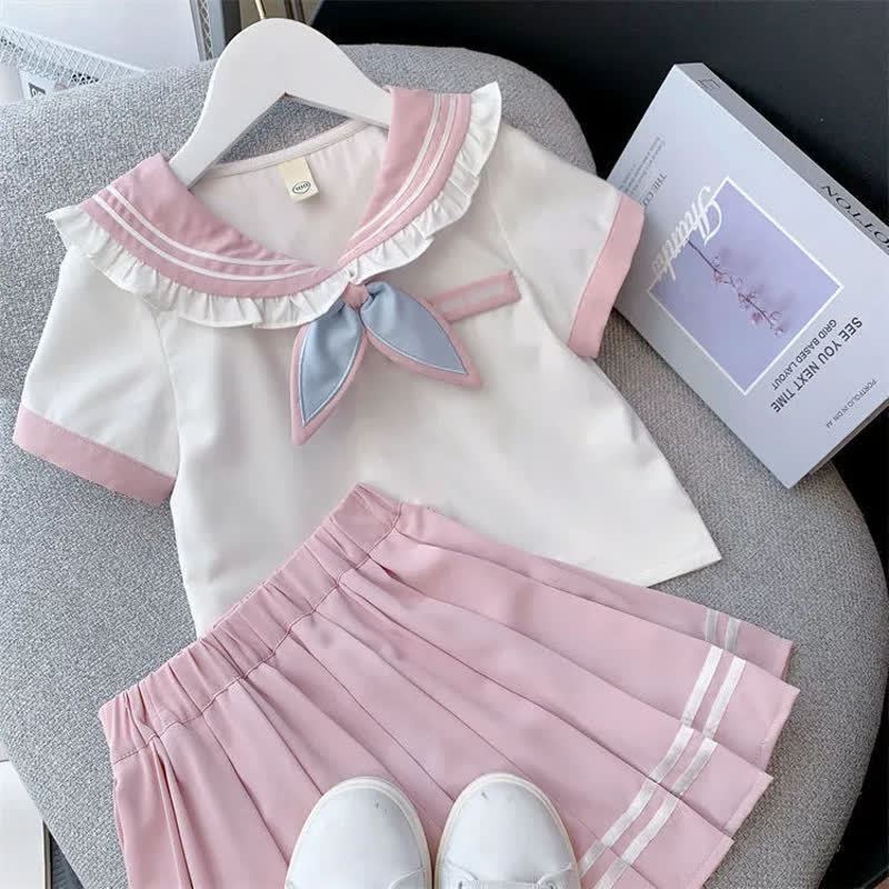 幼児・キッズ 女の子用 セーラー風フリル襟Tシャツ＆スカート 2点セット - ピンク - 10-11歳 - image 2