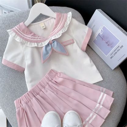 幼児・キッズ 女の子用 セーラー風フリル襟Tシャツ＆スカート 2点セット - ピンク - 10-11歳 - image 2