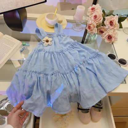 幼児用女の子向けフラワーアップリケ付きティアードノースリーブDress - 青 - 10-11歳 - image 3