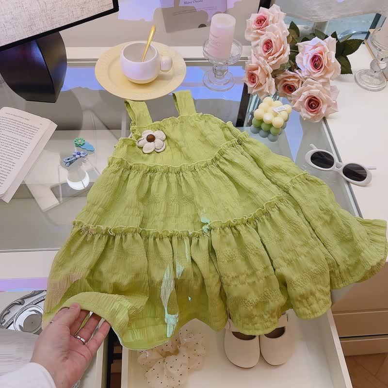 幼児用女の子向けフラワーアップリケ付きティアードノースリーブDress - 緑 - 10-11歳 - image 4