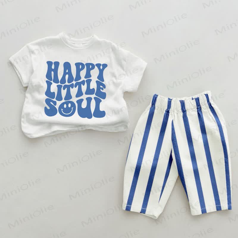 HAPPY LITTLE SOULベビーブルー 縦ストライプ 2点セット - ホワイト＆ブルー - 2～3歳 - image 1