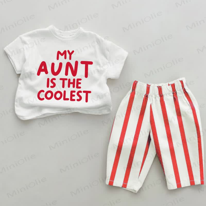 MY AUNT IS THE COOLEST！ベビー用スローガン入り赤ストライプ柄ツーピースセット - 白と赤 - 4～5歳 - image 1