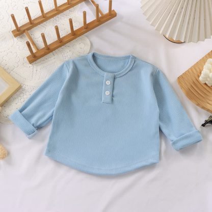 幼児用ベビー無地リブ編み長袖Tシャツ - 青 - 10-11歳 - image 10