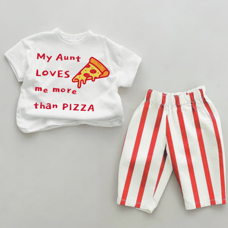 MY AUNT LOVES ME MORE THAN PIZZAベビー用白と赤の縦縞2点セット - 白と赤 - 4～5歳 - image 1