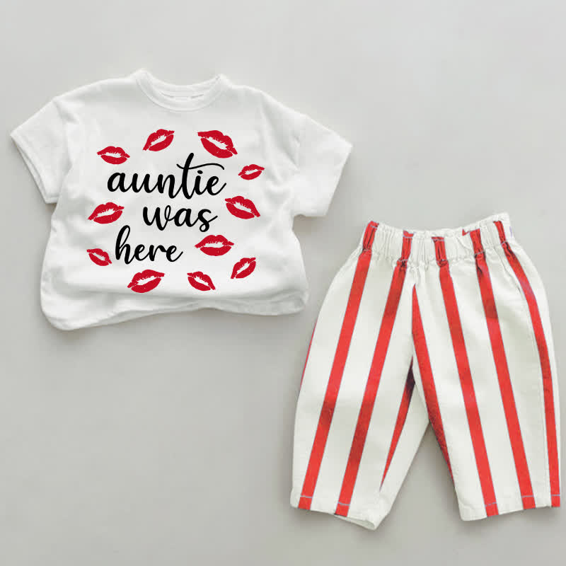 AUNTIE WAS HEREベビー用 白＆赤のスローガン入り縦縞2点セット - 白と赤 - 4～5歳 - image 1