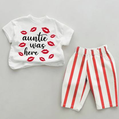 AUNTIE WAS HEREベビー用 白＆赤のスローガン入り縦縞2点セット - 白と赤 - 4～5歳 - image 1