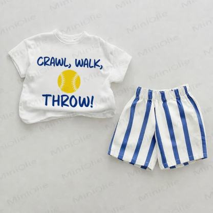 CRAWL, WALK, THROW!ベビー用白と青の縦ストライプ柄ツーピースショートパンツセット - ホワイト＆ブルー - 2～3歳 - image 1