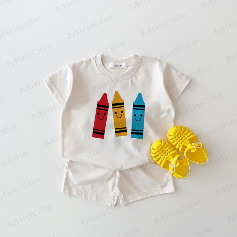 ベビークレヨン柄の白いTシャツとショートパンツの2点セット - 白 - 18～24ヶ月 - image 1