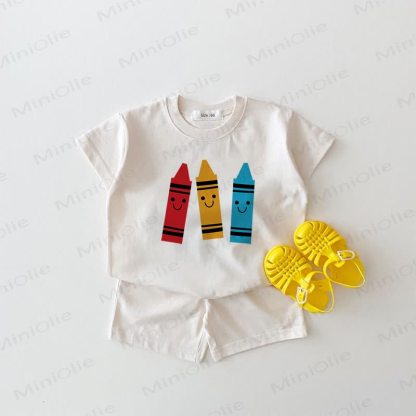 ベビークレヨン柄の白いTシャツとショートパンツの2点セット - 白 - 18～24ヶ月 - image 1