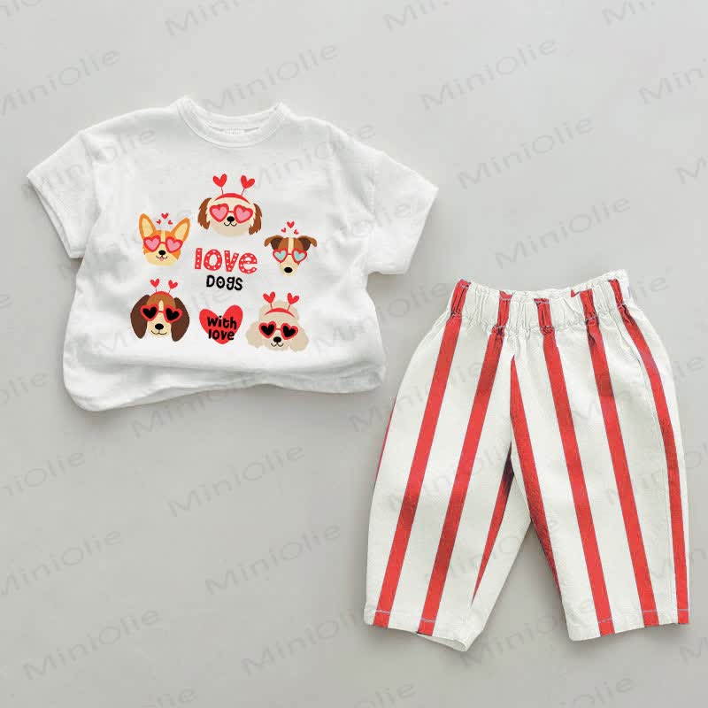 LOVE DOGS WITH LOVEベビー用 ホワイト＆レッド 縦ストライプ 2点セット - 白と赤 - 4～5歳 - image 1