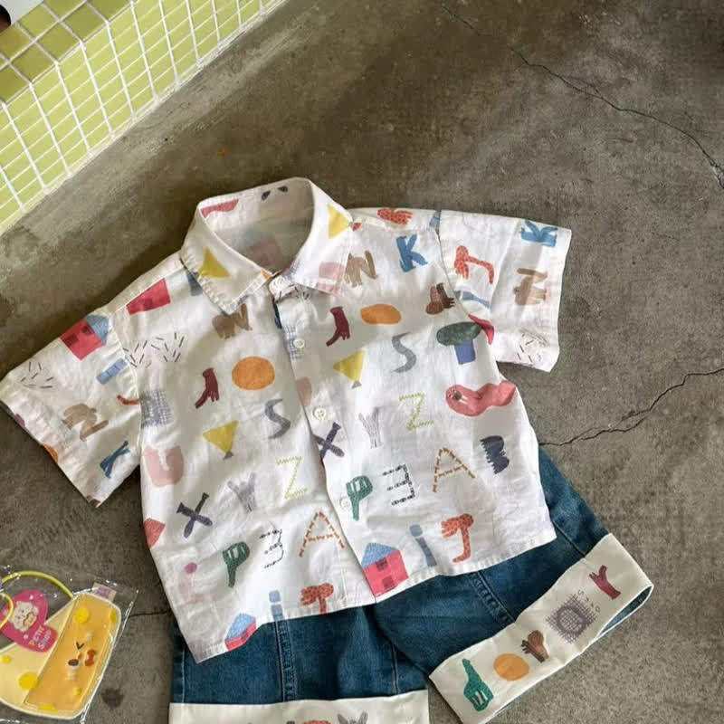 幼児用プレイフルプリントシャツとデニムショートパンツの2点セット - ホワイト＆ブルーセット - 10-11歳 - image 1