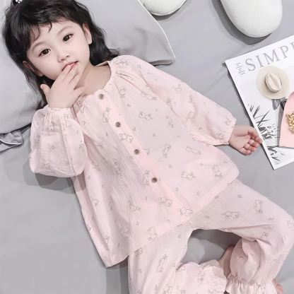 幼児用アニマル柄／無地長袖トップス＆パンツパジャマセット - ピンクのうさぎ - 10-11歳 - image 4