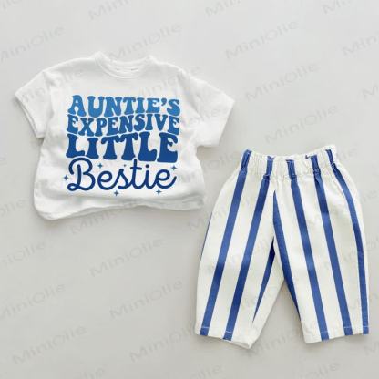 AUNTIE'S EXPENSIVE LITTLE BESTIEイ ベビーブルー縦ストライプ2点セット - ホワイト＆ブルー - 2～3歳 - image 1