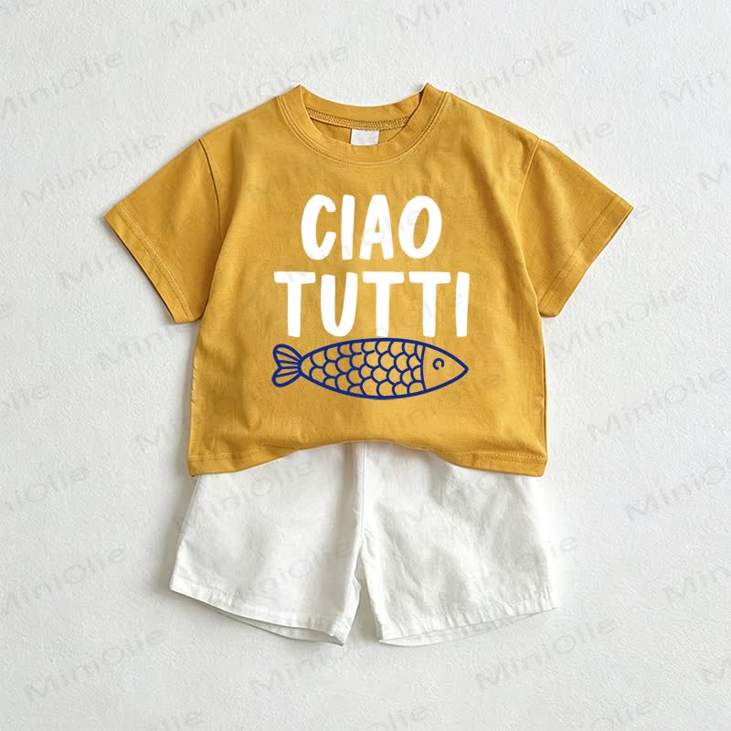 CIAO TUTTIベビーフィッシュTシャツ&ショーツ2点セット - 黄色と白 - 3～5歳 - image 1