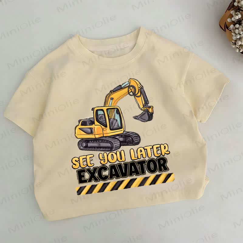 SEE YOU LATER EXCAVATOR！幼児男の子用ショベルカー柄カーキTシャツ - カーキ - 6～7歳 - image 1