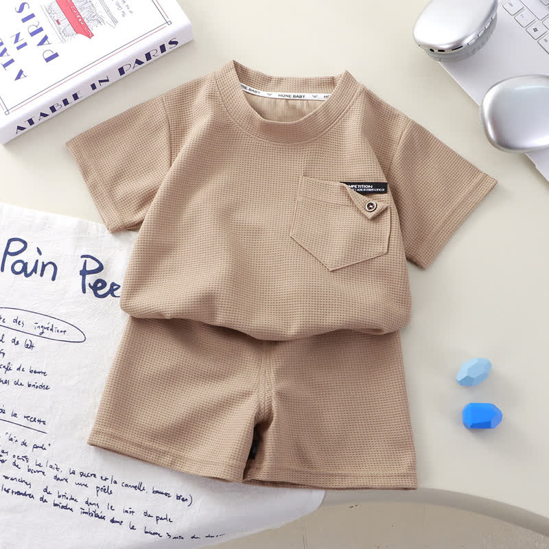 幼児用無地ワッフルポケットトップス＆ショートパンツ2点セット - カーキ - 8-9T - image 5