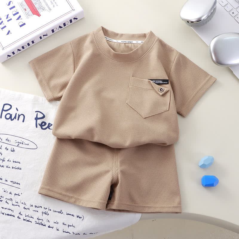幼児用無地ワッフルポケットトップス＆ショートパンツ2点セット - カーキ - 8-9T - image 5