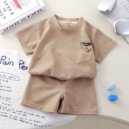 幼児用無地ワッフルポケットトップス＆ショートパンツ2点セット - カーキ - 8-9T - image 5